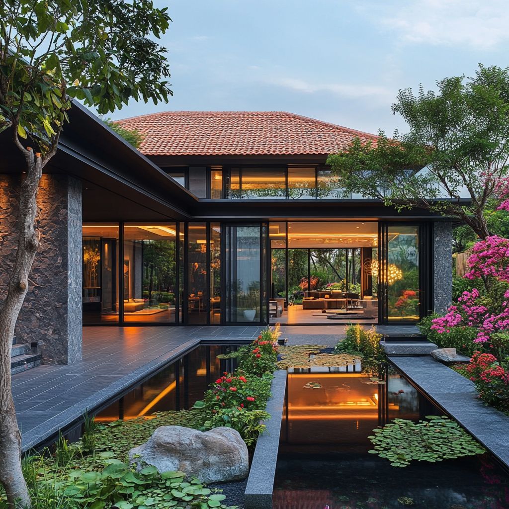 Modern house with large glass windows and a landscaped garden