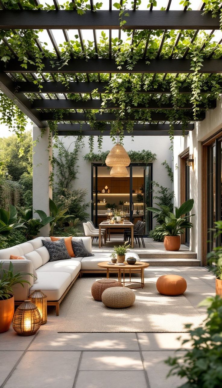 Outdoor patio with pergola, furniture, and plants