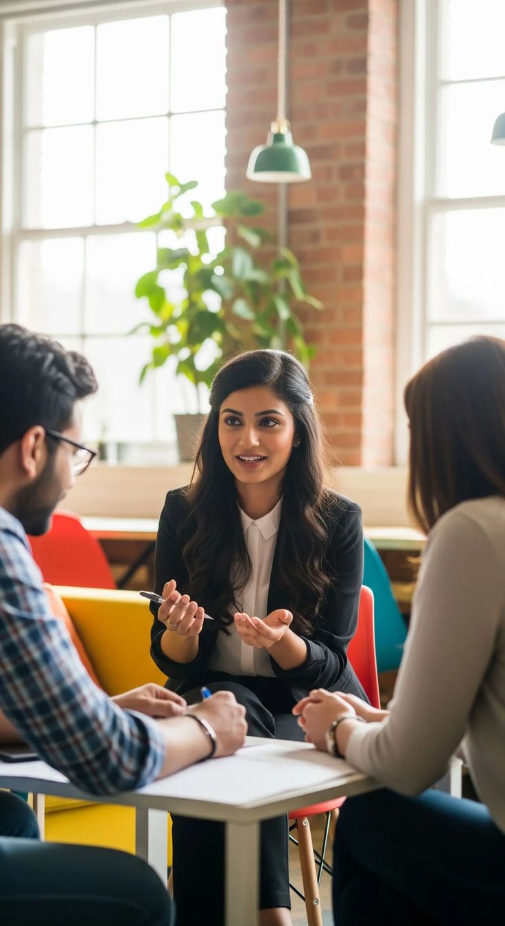 Three people sitting around a table in a modern office setting.