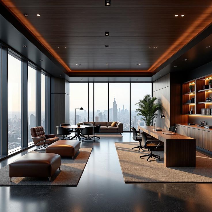 Modern office interior with a desk, chairs, and cityscape view.