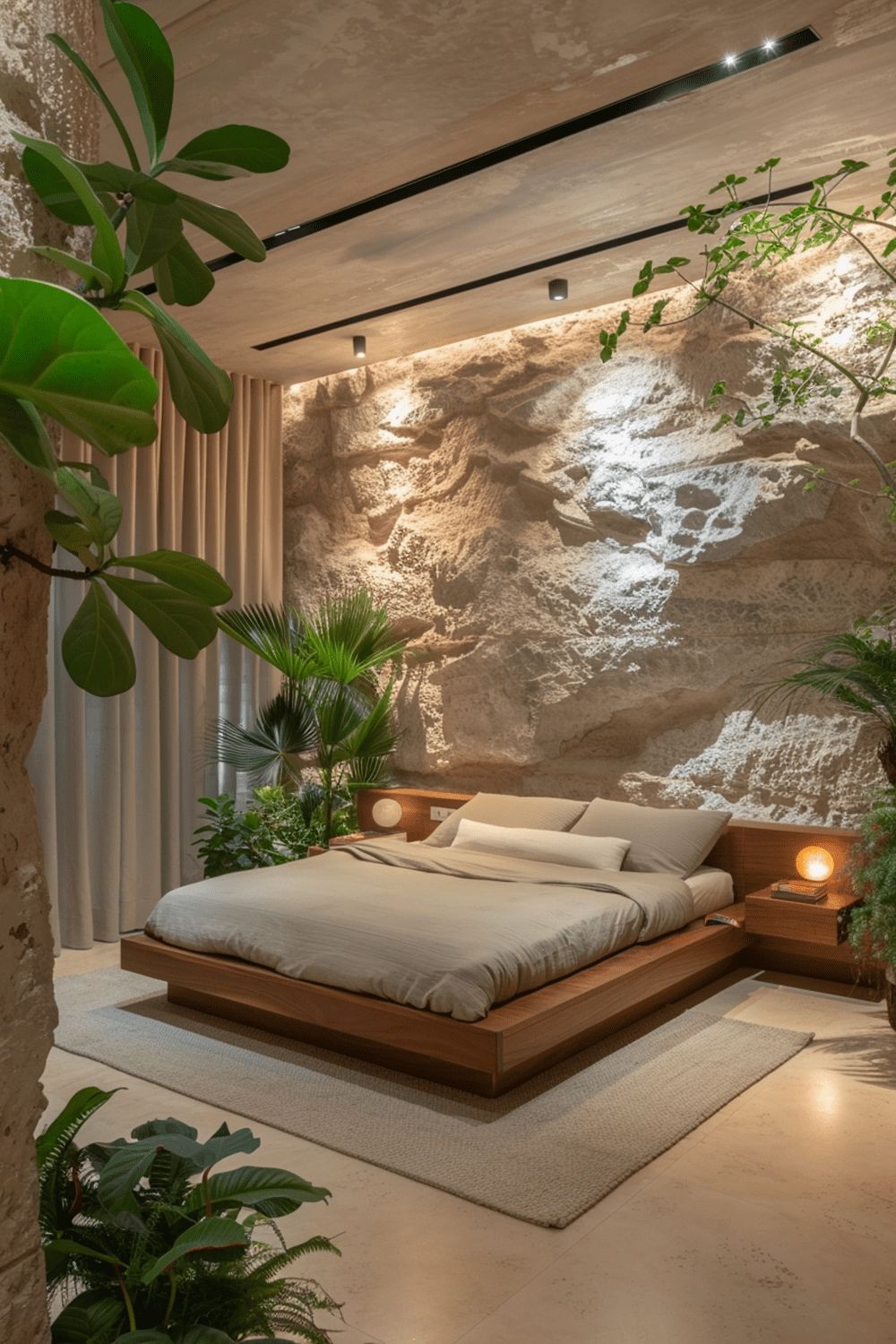 Modern bedroom with wooden bed, plants, and a textured wall.