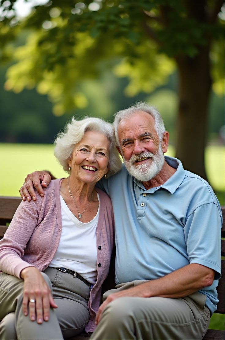 Senior couple sitting together in a park with trees and greenery in the background.