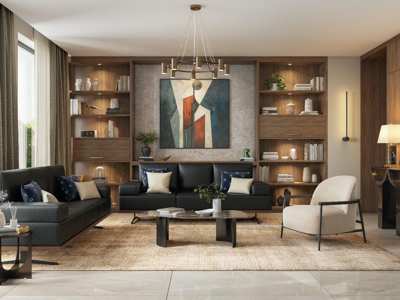 Modern living room with gray sofa, white armchair, and wooden bookshelves.