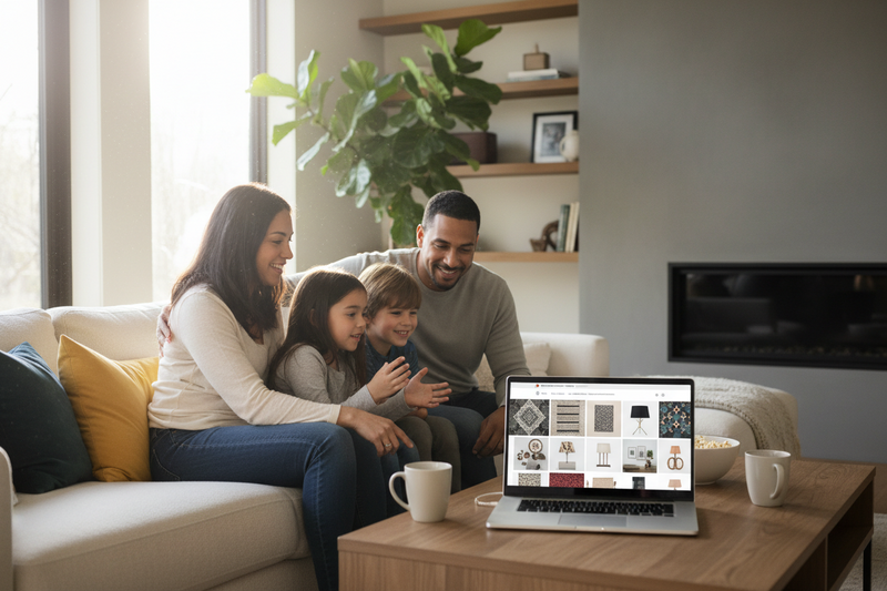 Family of four sitting on a couch in a living room, looking at a laptop screen.